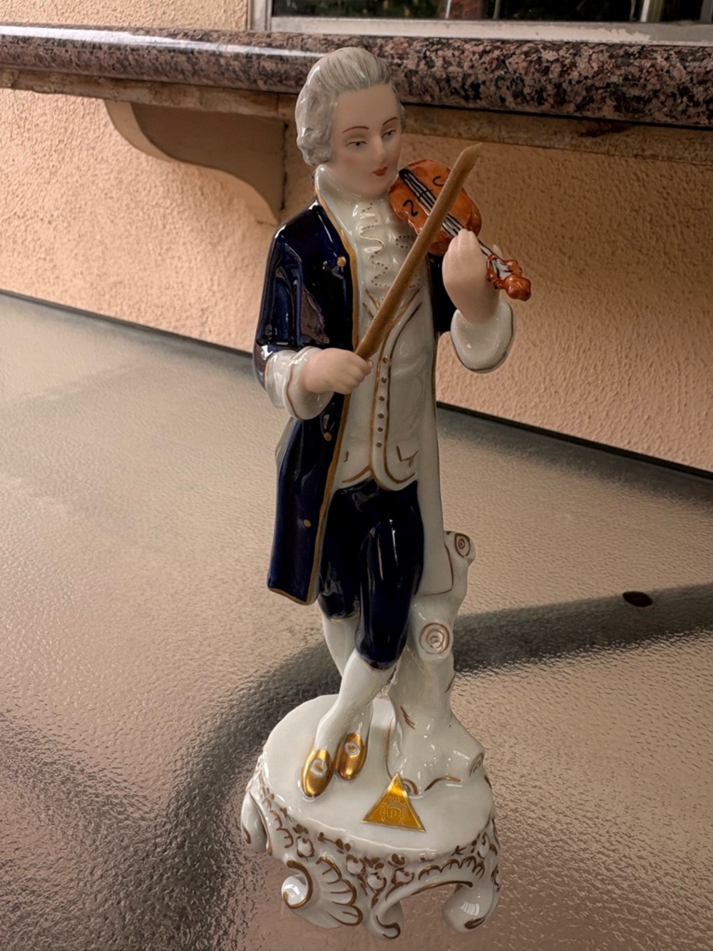 Hand-Painted Porcelain Violinist Sculpture in Navy and White